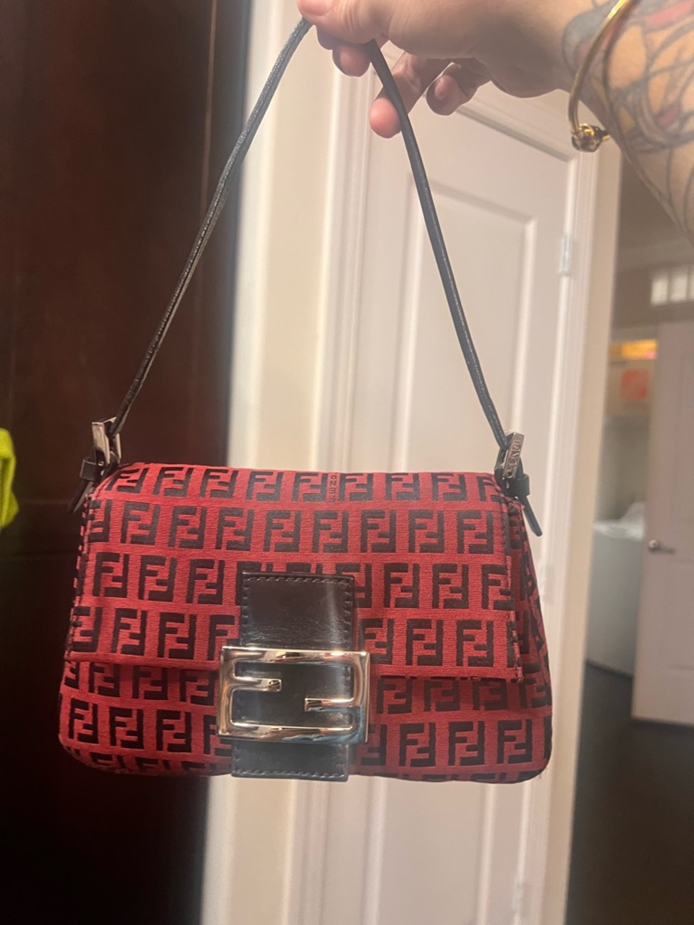 Fendi mini mama baguette in red and black zucca print